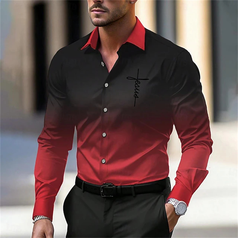 Moda masculina nova Camisa de manga comprida Gradiente Cruz Impresso T-shirt Tops Partido dos homens elegantes Desgaste do viajante Outono Camisa de lapela