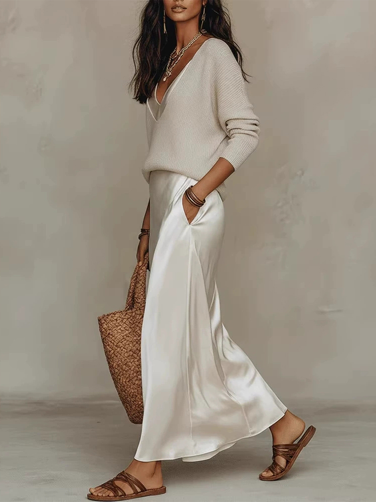 Mouwloze satijnen halterjurk met gebreide topjes, elegante dames eenvoudige tweedelige set, lente zomer nieuwe outfits