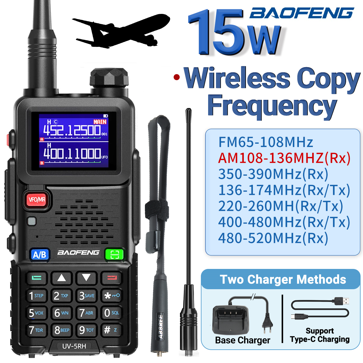 UV-5RH Pro Max 15W Air Band Walkie Talkie Drahtlose Kopier frequenz Typ C Noaa Langstrecken Baofeng 5rm Amateurfunk