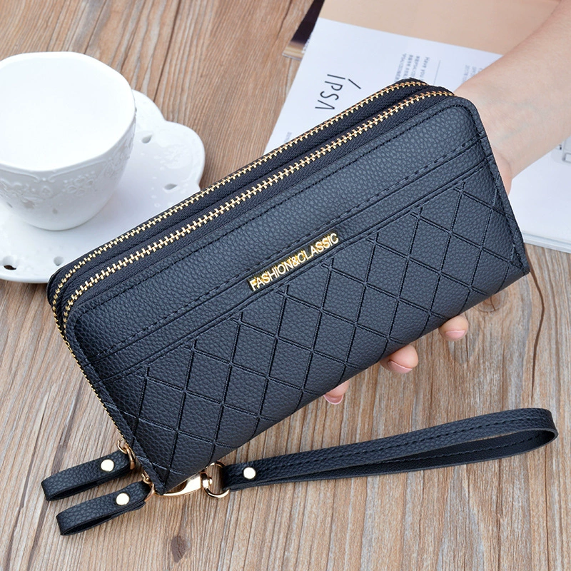 Cartera Larga de Piel Sintética para Mujer, con Doble Cremallera, Gran Capacidad, con Correa para la Muñeca, Tarjetero, Monedero, Clip para Billetes