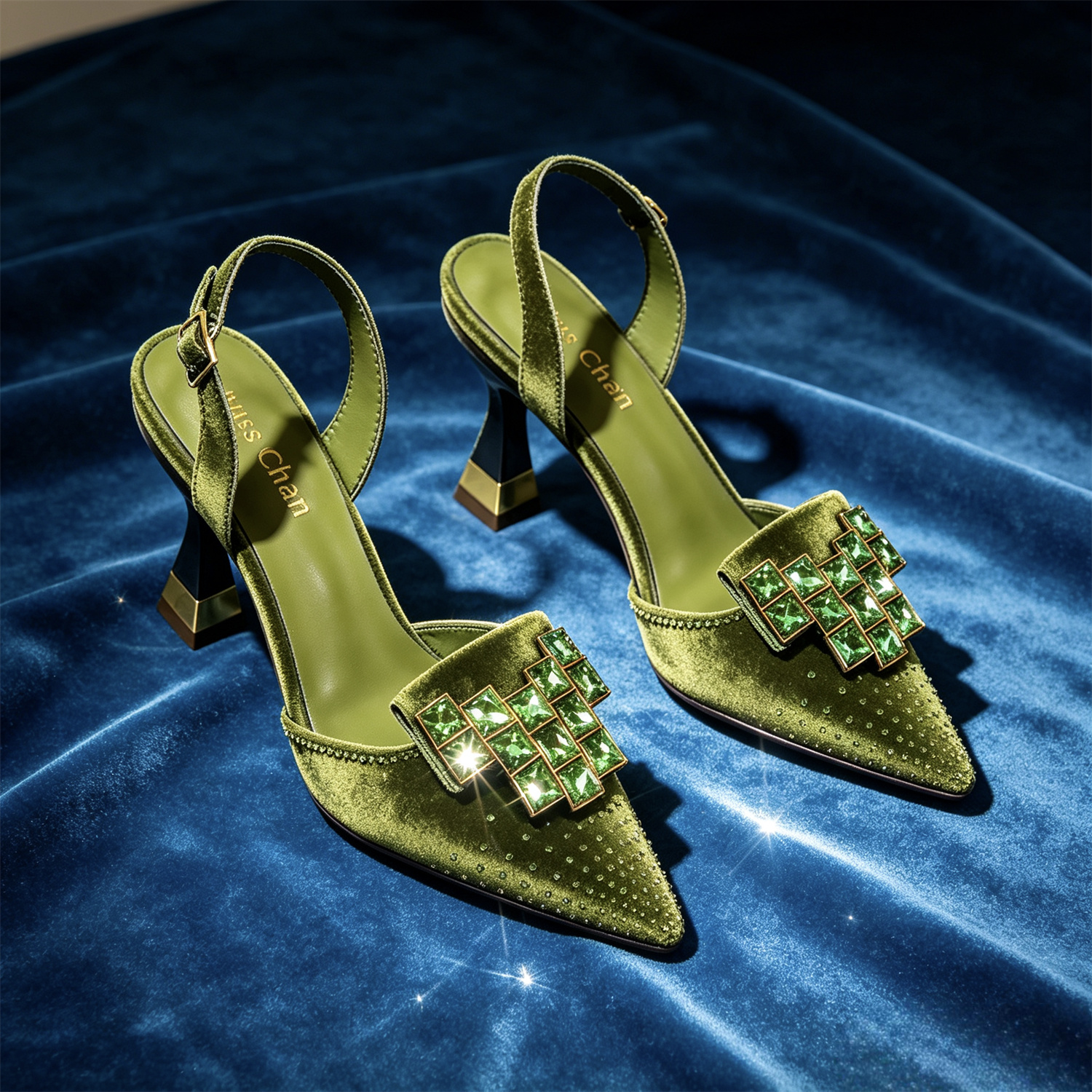 Elegante olijfgroene satijnen slingback high heels voor dames - spitse neus met paarse geometrische strass steentjes en blokhak