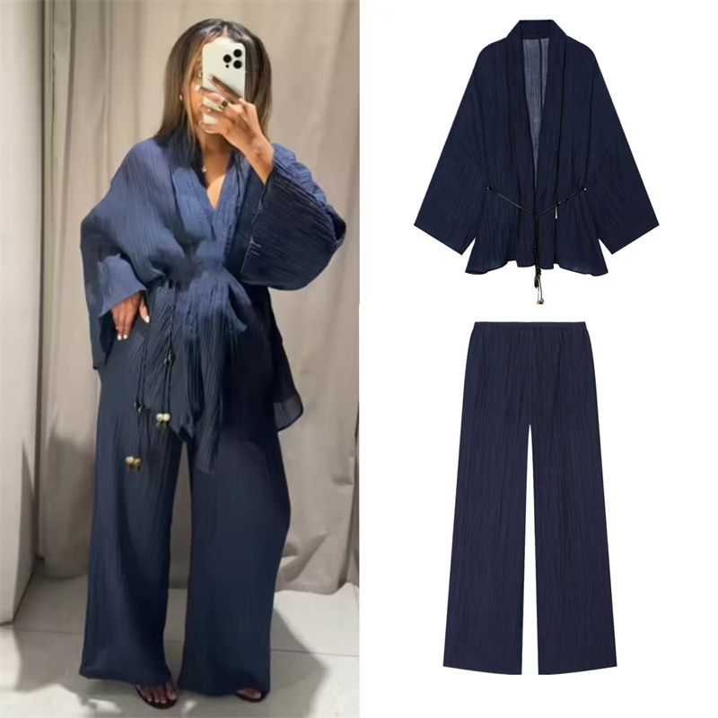 2026 Herbst Neues Damen-Anzug-Set Marineblau Langarm Locker Sitzende Strickjacke und Hose Sexy Halbtransparente Lässige Mode