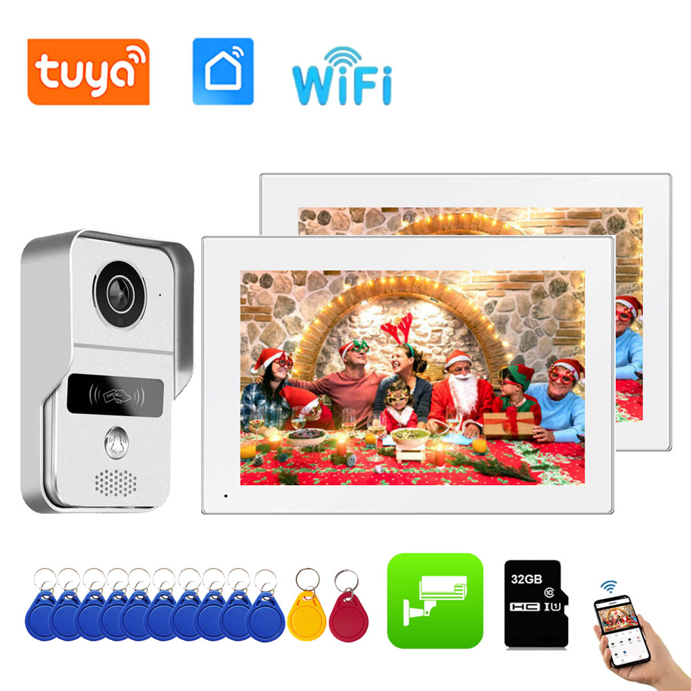 1080P Tuya ระบบกริ่งประตูวิดีโอผ่าน WiFi, กล้องปลดล็อค RFID ขนาด7นิ้ว2จอ LCD ทัชสกรีนวิดีโออินเตอร์คอม