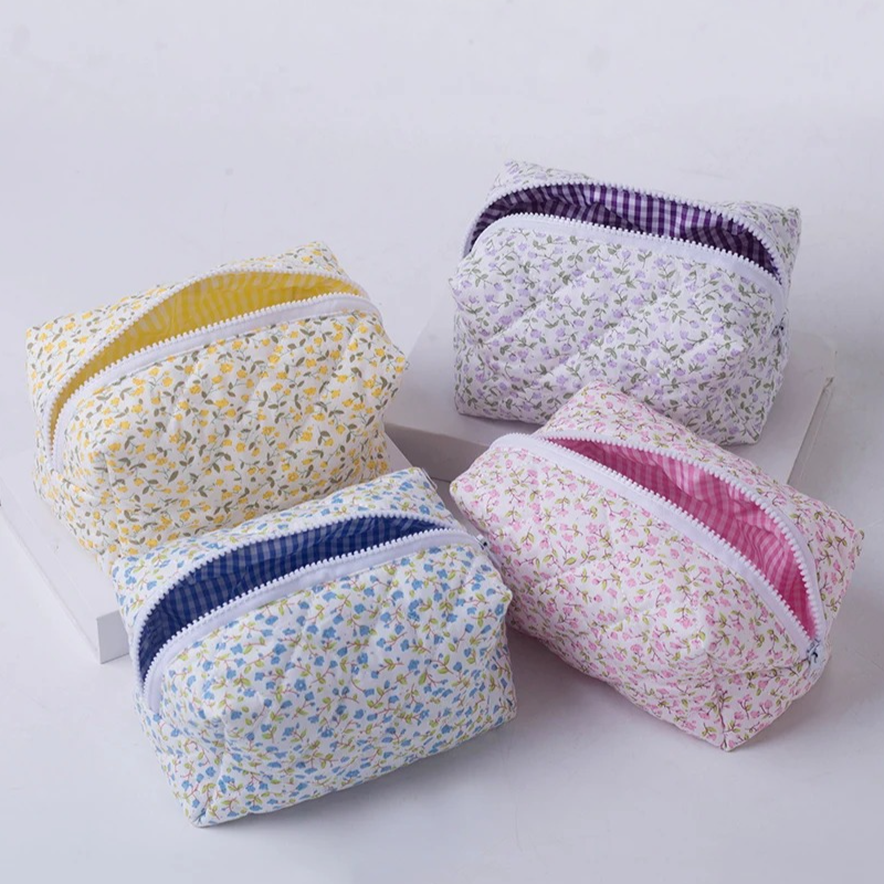1pc flor impressa inchado acolchoado zíper saco de maquiagem organizador de armazenamento bolsa de higiene pessoal bolsa de cosméticos grande saco de cosméticos de viagem