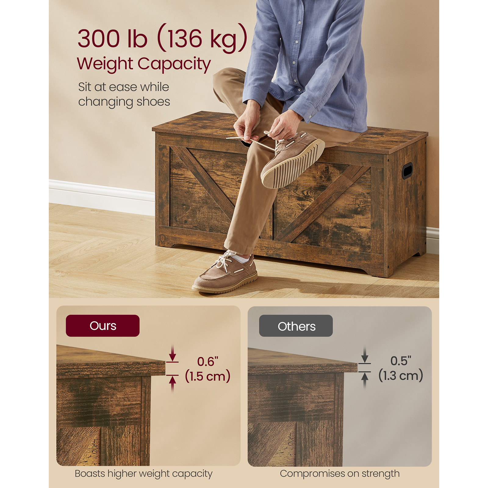 Cassapanca VASAGLE, panca portaoggetti, scatola per coperte con 2 cerniere di sicurezza, panca portascarpe, per camera da letto, soggiorno
