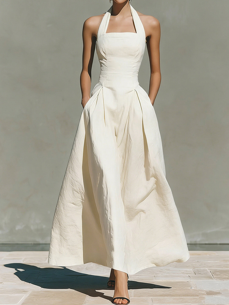 Letnia sukienka maxi bez rękawów z dekoltem halter, elegancka, damska, codzienna, patchworkowa, jednokolorowa, na wakacje, imprezę, modna, damska sukienka, streetwear