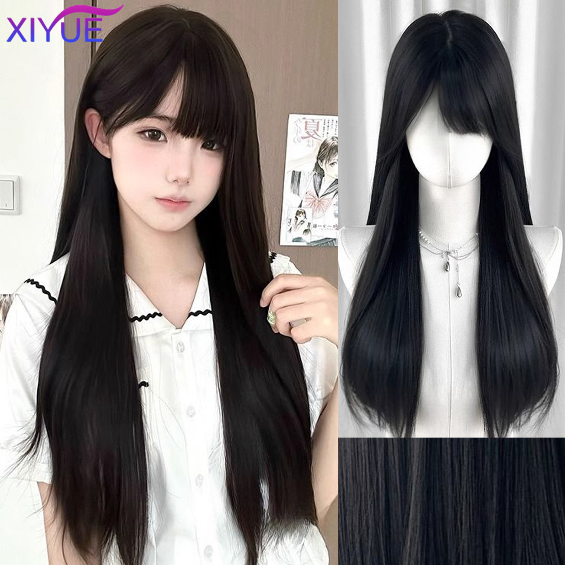 XIYUE Długie jedwabiście proste syntetyczne peruki z grzywką Czarne peruki do włosów Lolita na imprezę Cosplay dla kobiet Naturalna peruka odporna na ciepło