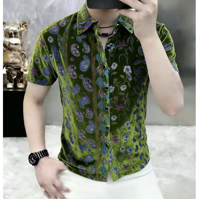 Męska koszula z krótkim rękawem, slim fit, z zielonymi kwiatowymi wzorami, na lato 2026, retro, casual, biznesowa, streetwear, camisas para hombre.