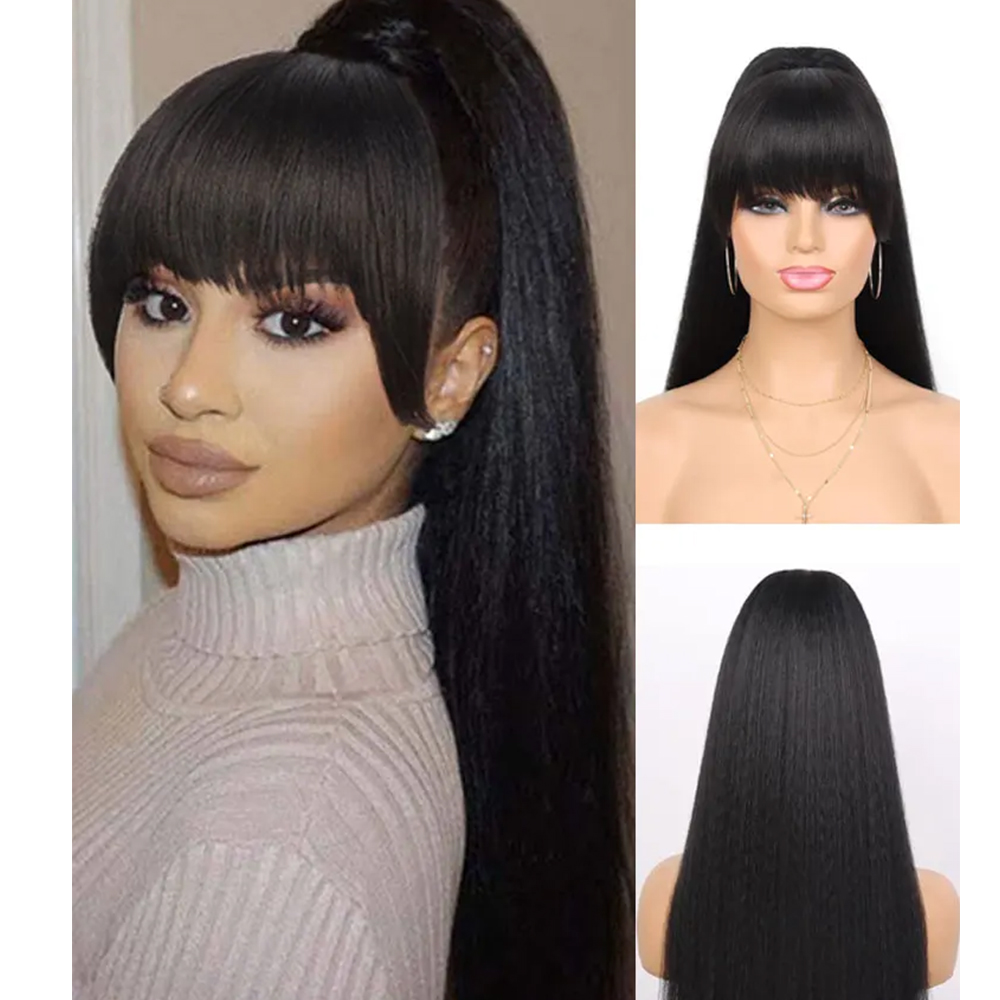 Wig sintetis Haipiece Yaki tali ikat ekor kuda ekstensi dengan poni panjang lurus klip in untuk hitam wanita gadis pesta harian
