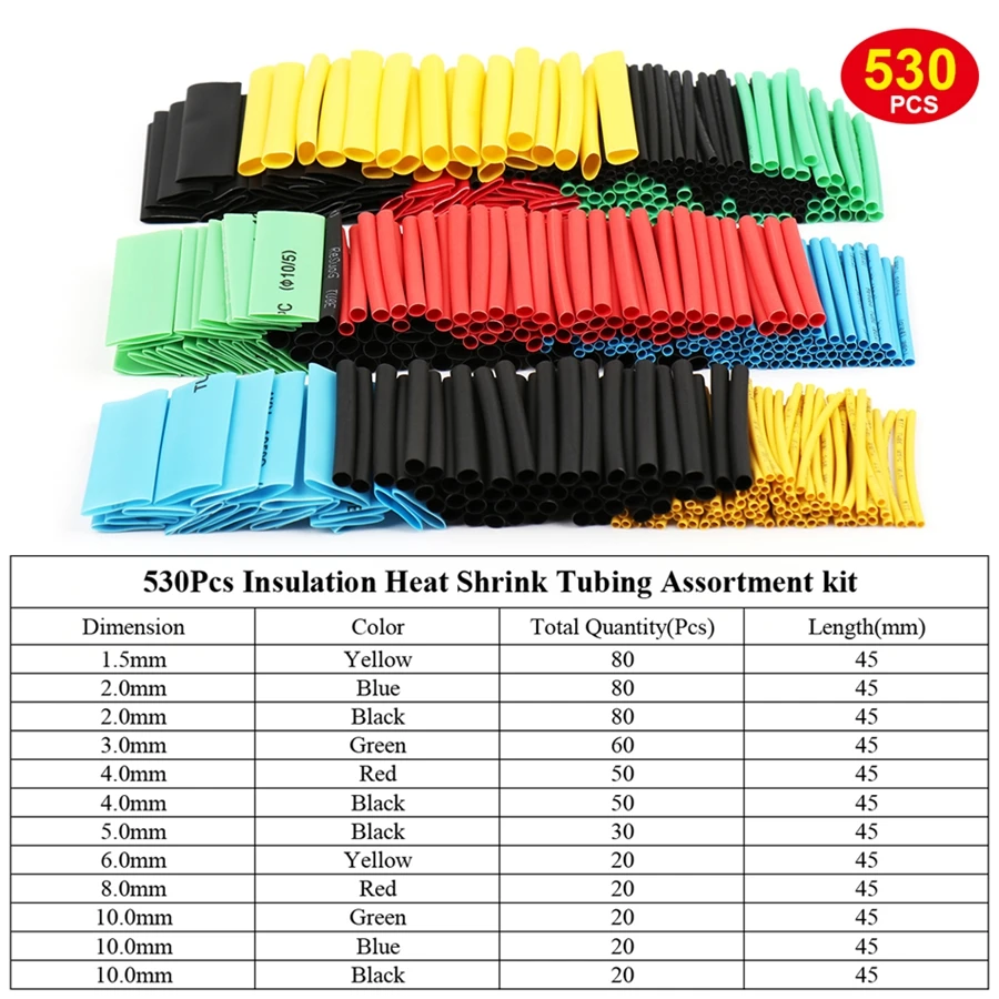 164/328/530/560/580/800 Uds Tubo termorretráctil 2:1 surtido de envoltura de cables eléctricos Kit de tubos termorretráctiles de aislamiento eléctrico