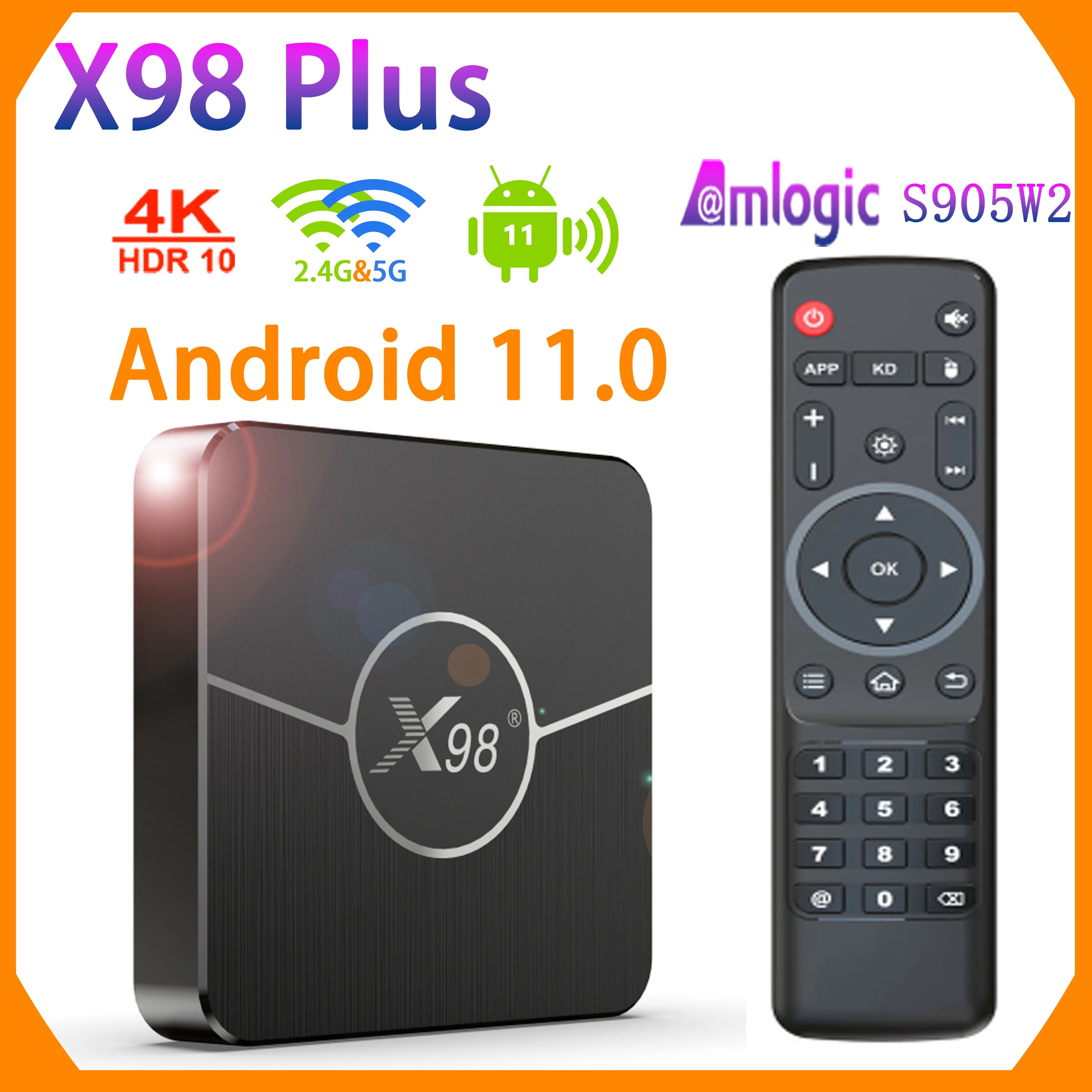 X98Plusกล่องทีวีAndroid 11.0 Amlogic S905W2 TVbox 4G 32G 64G AV1 BT 2.4G 5G Wifi 4K HDR Video Media Player X98 Plusชุดกล่องด้านบน