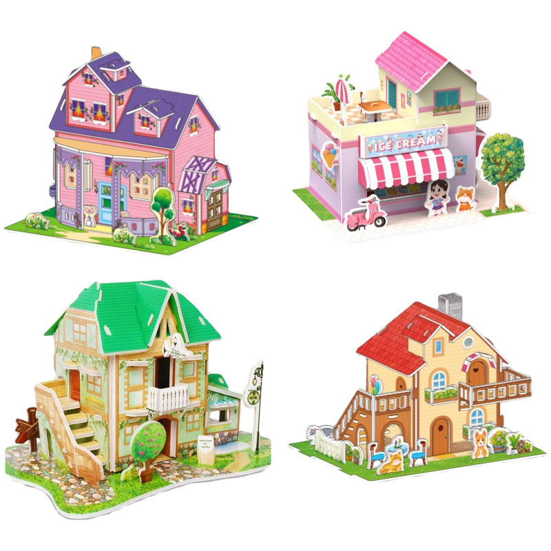 Puzzle tridimensionnel de dessin animé, jouets de bricolage faits à la main pour enfants, carte en papier, modèle de construction de Villa, décoration de bureau