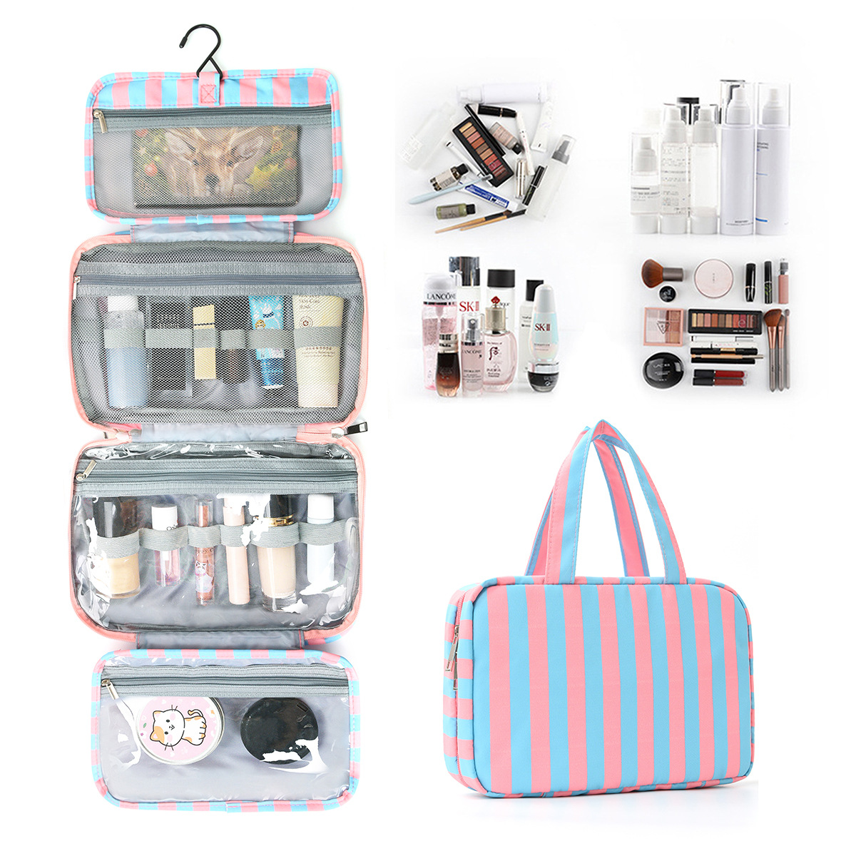 Trousse de maquillage rayée à quatre compartiments, trousse de toilette pliable de grande capacité pour voyage d'affaires, multi-usages
