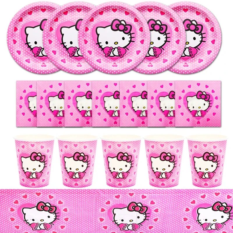 Decoración para Fiesta de Cumpleaños de Hello Kitty, Vajilla Desechable, Vasos, Platos, Mantel, Servilletas, Artículos para Fiestas