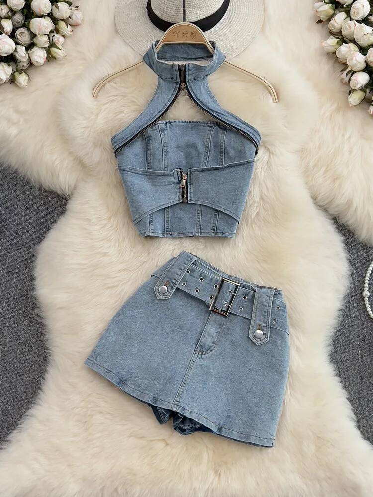 เซ็กซี่ผู้หญิงฤดูร้อนกางเกงยีนส์ Halter Tops Mini กางเกงขาสั้นกระโปรงชุดสูท Backless Sashes Chic สไตล์ Bodycon สูงเอว Vestidos