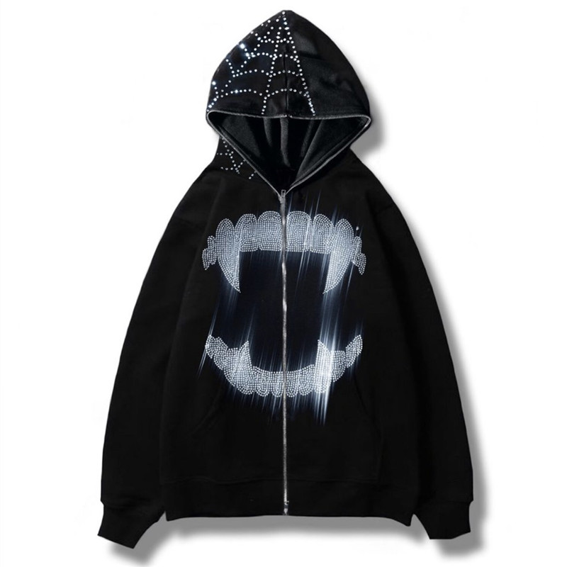 Sudadera de gran tamaño con diamantes de imitación para hombre y mujer, ropa de calle con capucha, estilo gótico, Grunge, con cremallera, Y2K, Otoño, 2022