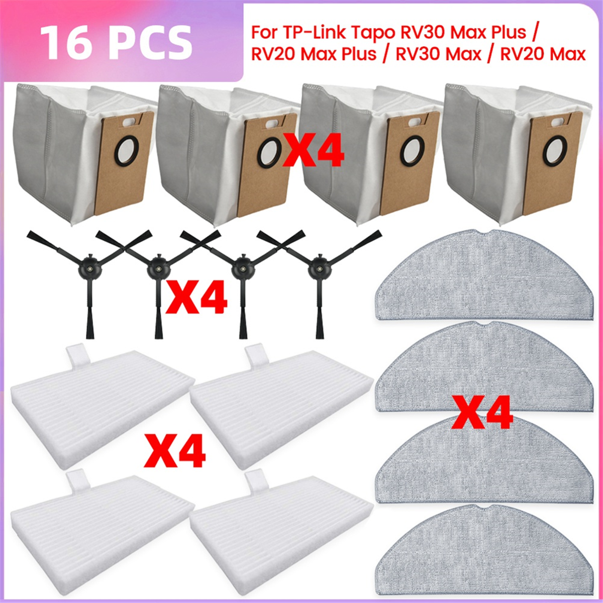 BABQ Do TP-Link Tapo RV30 Max Plus / RV20 Max Plus / RV30 Max / RV20 Max Części Worek na kurz Filtr Hepa Szczotka boczna Ściereczka do mopa