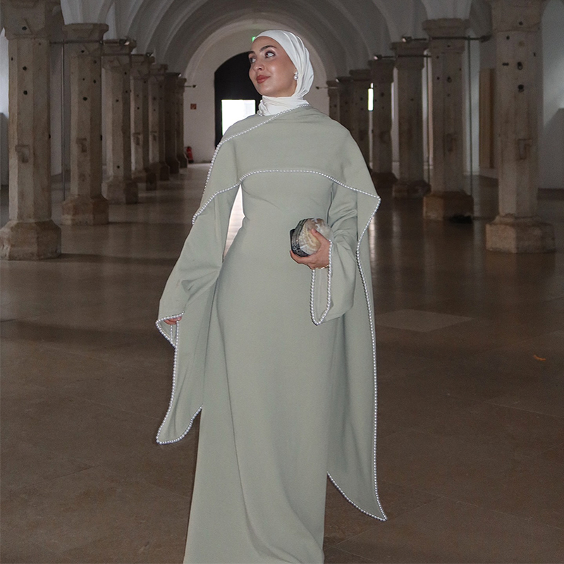 Witte parelversierde cape maxi jurk dames elegante lange mouwen getailleerde taille moslim gewaden 2026 lente EID Abaya damesjurken