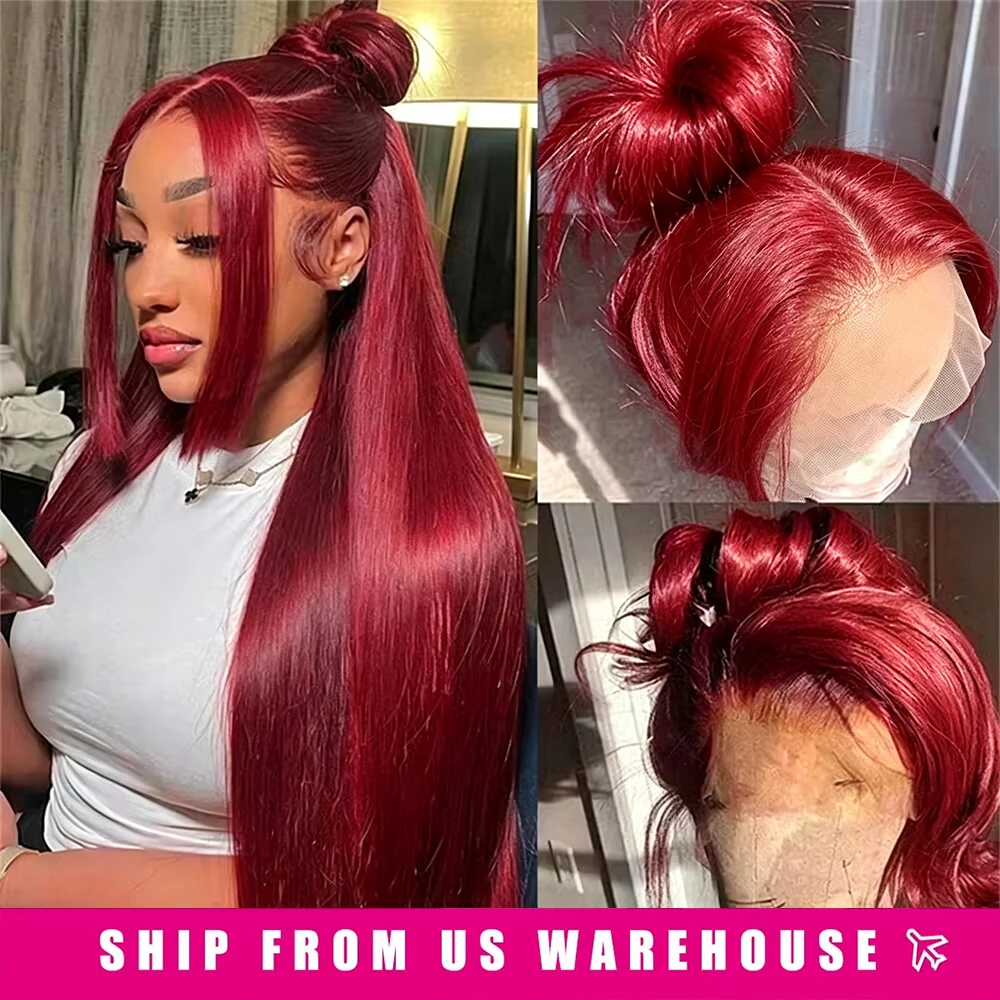 32 36 Inch 99j Burgundy Lace Front Wig Human Hair 13x6 360 Full HD Wig Human Hair 200 Density Colored Wine Red Straight Lace Front Wigs Pre Plucked Lace Frontal Wig For Women