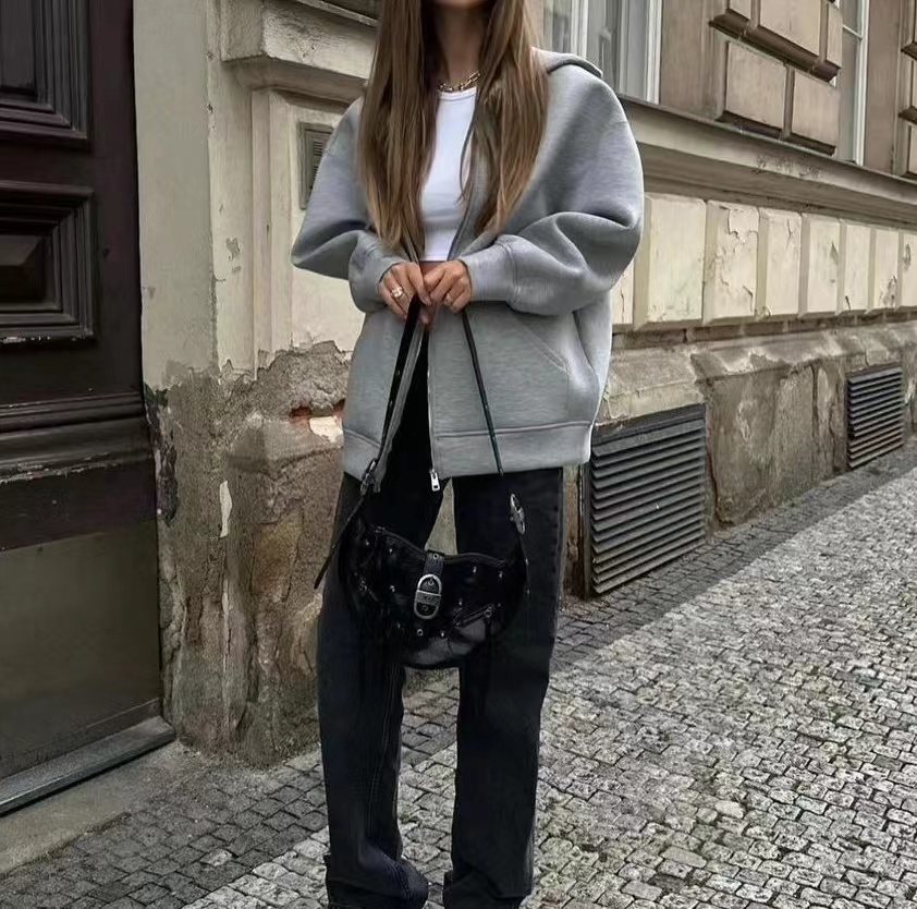 2024 primavera e outono nova rua casual solto oversize com capuz zíper com capuz espaço jaqueta de algodão casaco preguiçoso cardigan feminino