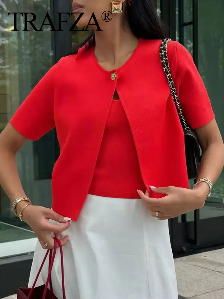 Trafza feminino elegante sólido cardigan casaco jaquetas manga curta botão de metal camisa de malha fina feminino y2k recortado topo outwear