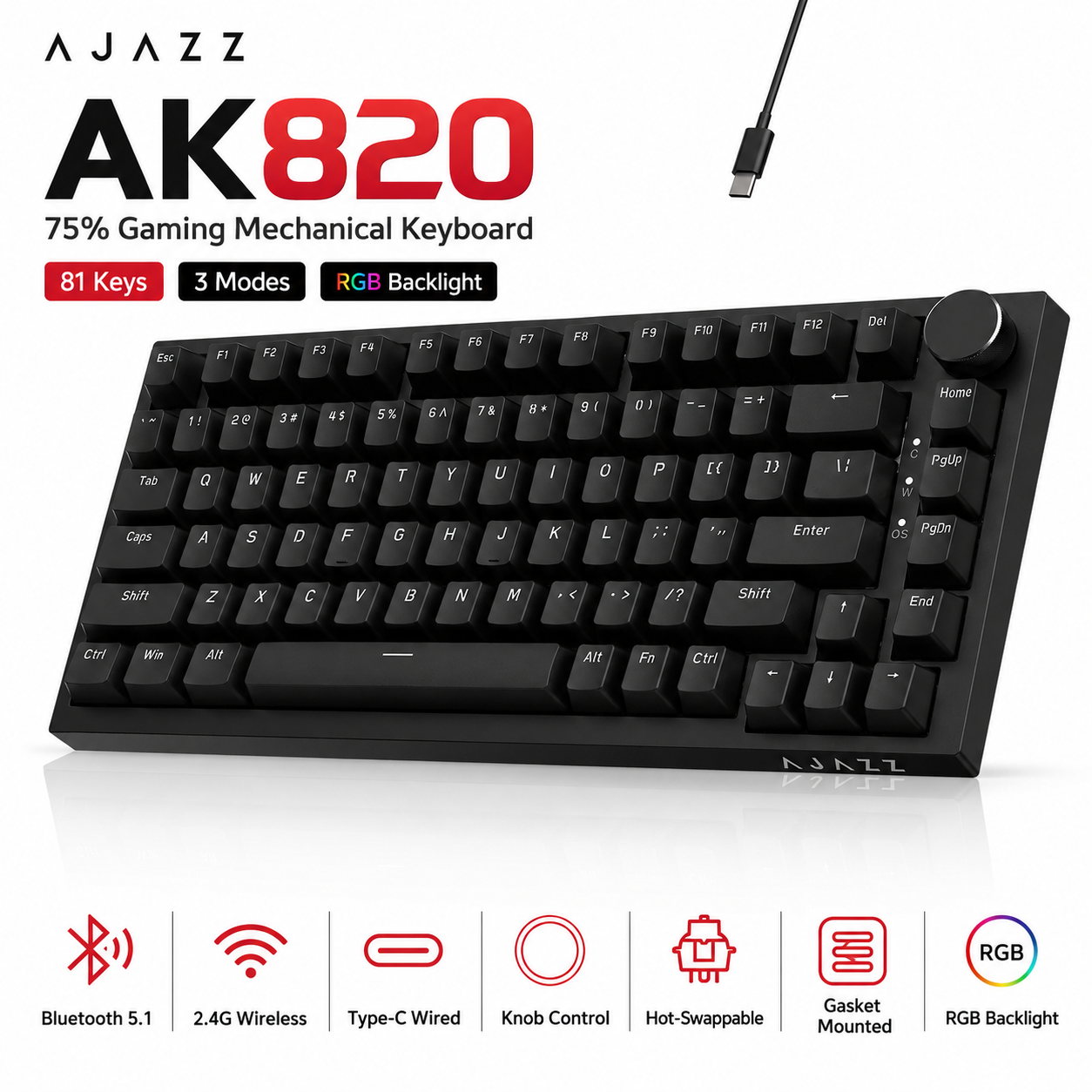 คีย์บอร์ดเกมมิ่งแบบกลไก AJAZZ AK820/AK820 Pro แบบสามโหมด เชื่อมต่อไร้สาย Bluetooth 5.1 และแบบมีสาย ปุ่มปรับระดับเสียง ฮอตสวอป คีย์บอร์ดแบบ Gasket ที่ปรับแต่งได้