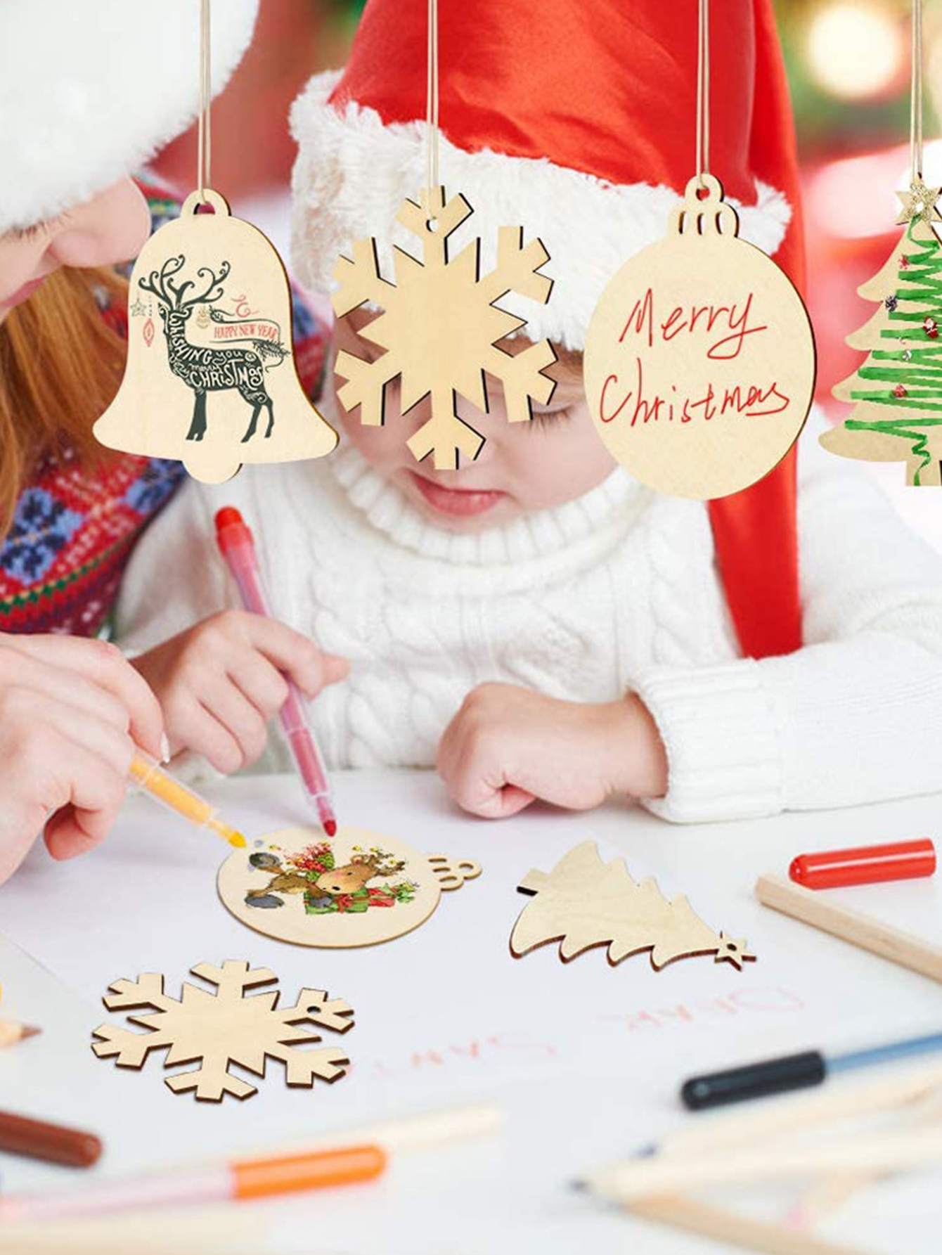 Colgantes navideños de madera para niños, 10 piezas, pintura artesanal, decoración de árbol de Navidad, Año Nuevo
