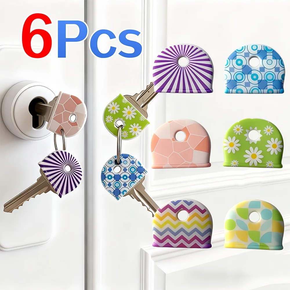6Pcs Silicone Key Identifier,Round Flower Line Pattern,Non Slip Key Protective Cover,Durable Key Chain Accessory for Household