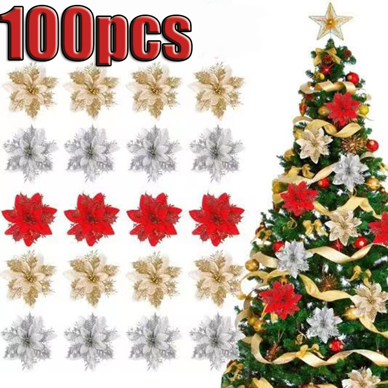 Glitter rosa flores de natal árvore de natal 14cm ornamentos de flores artificiais 2023 feliz natal decoração para casa ano novo