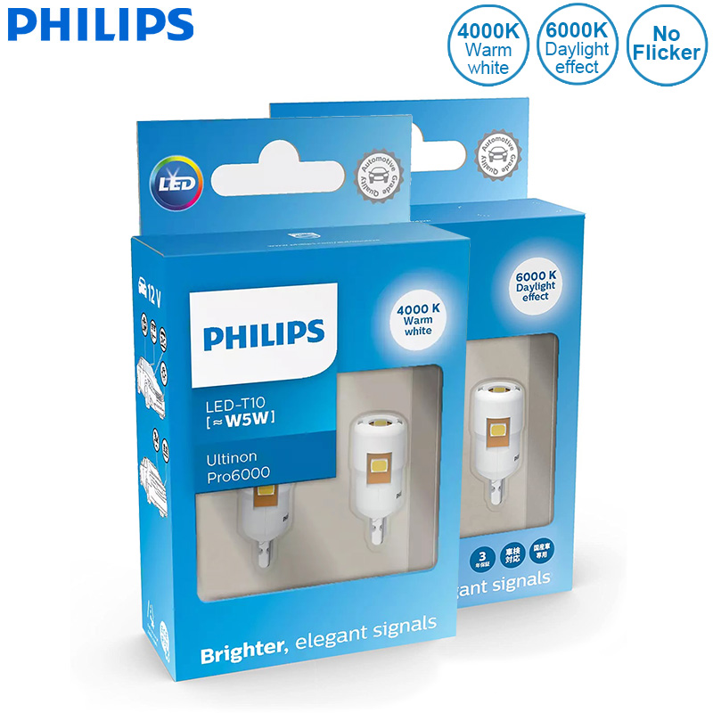 Philips LED T10 W5W, Ultinon Pro6000 4000K 6000K putih terang lampu Interior mobil sinyal belok tanpa Flash berkedip bebas kesalahan, pasang