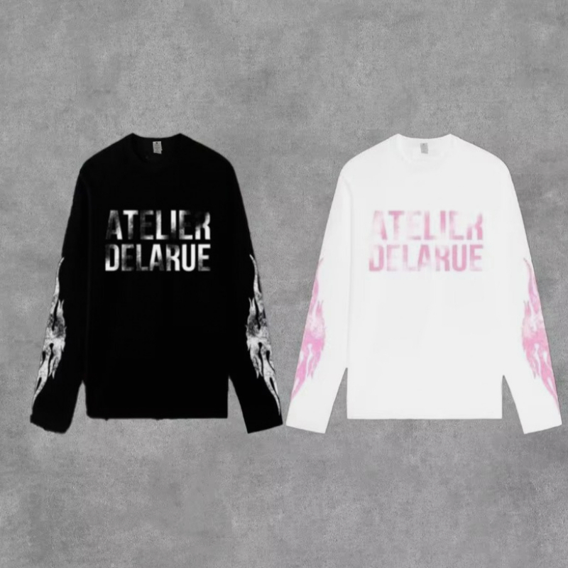 เสื้อฮาราจูกุสไตล์ Y2K ลายพิมพ์ตัวอักษรและลายเปลวไฟ แขนยาว ทรงหลวม สตรีทแวร์ลำลอง สวมใส่สบาย เหมาะสำหรับทุกเพศทุกวัย