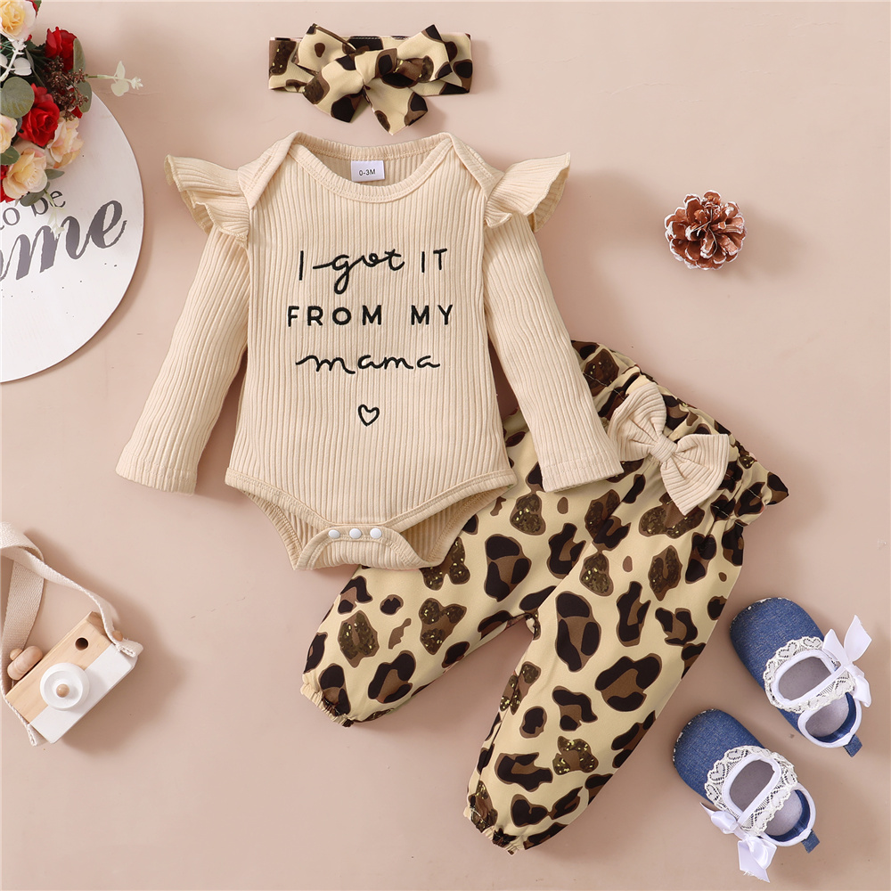 Conjunto de roupas para bebês recém-nascidos de 0 a 18 meses, body de manga comprida + calças de leopardo + bandana, 3 peças, moda outono, roupas para crianças pequenas