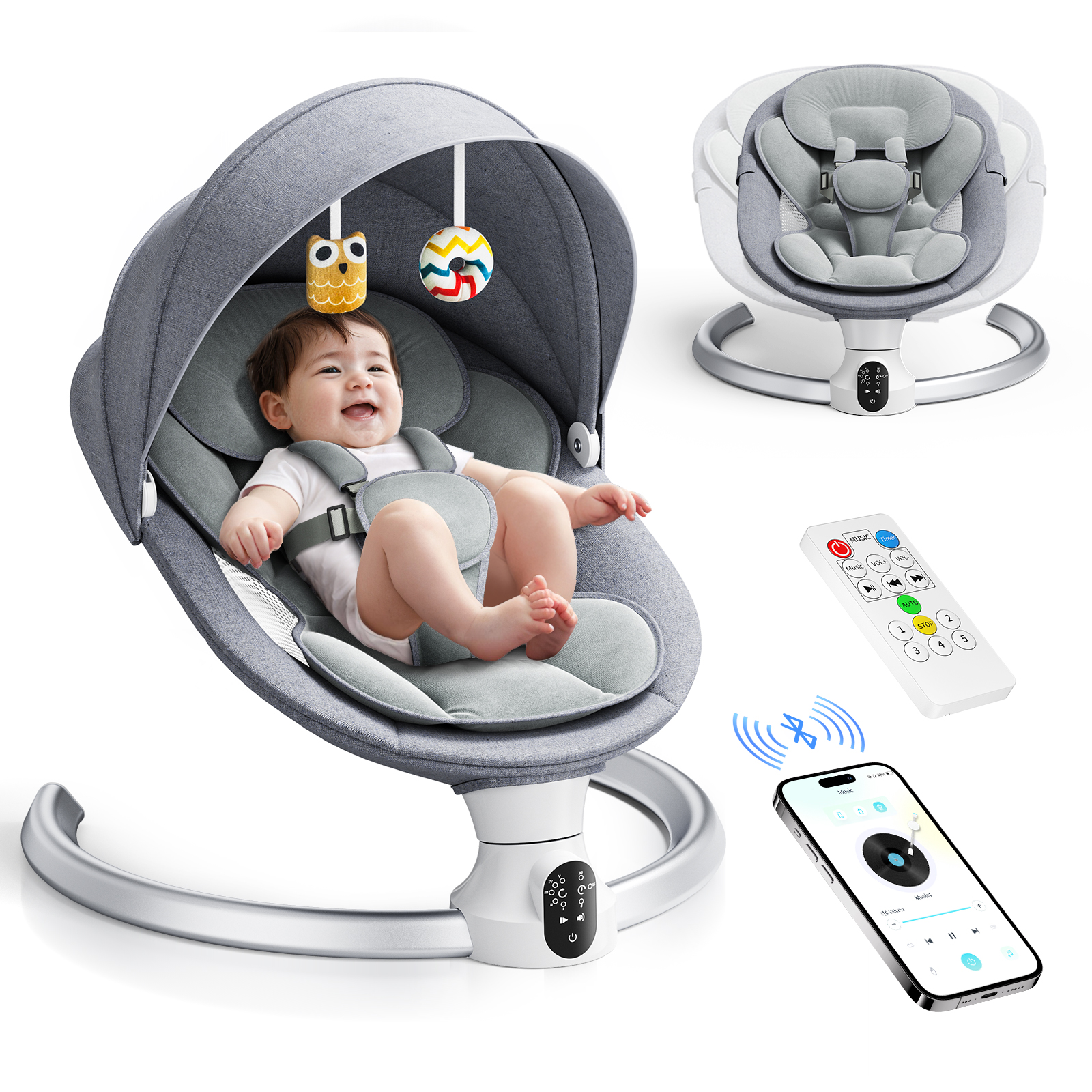 Cadeira inflável para bebês Bluetooth, agitador elétrico para bebês, máquina de lavar louça de 5 pontos com 5 velocidades, 3 temporizadores e 10 controles remotos por aplicativo de música