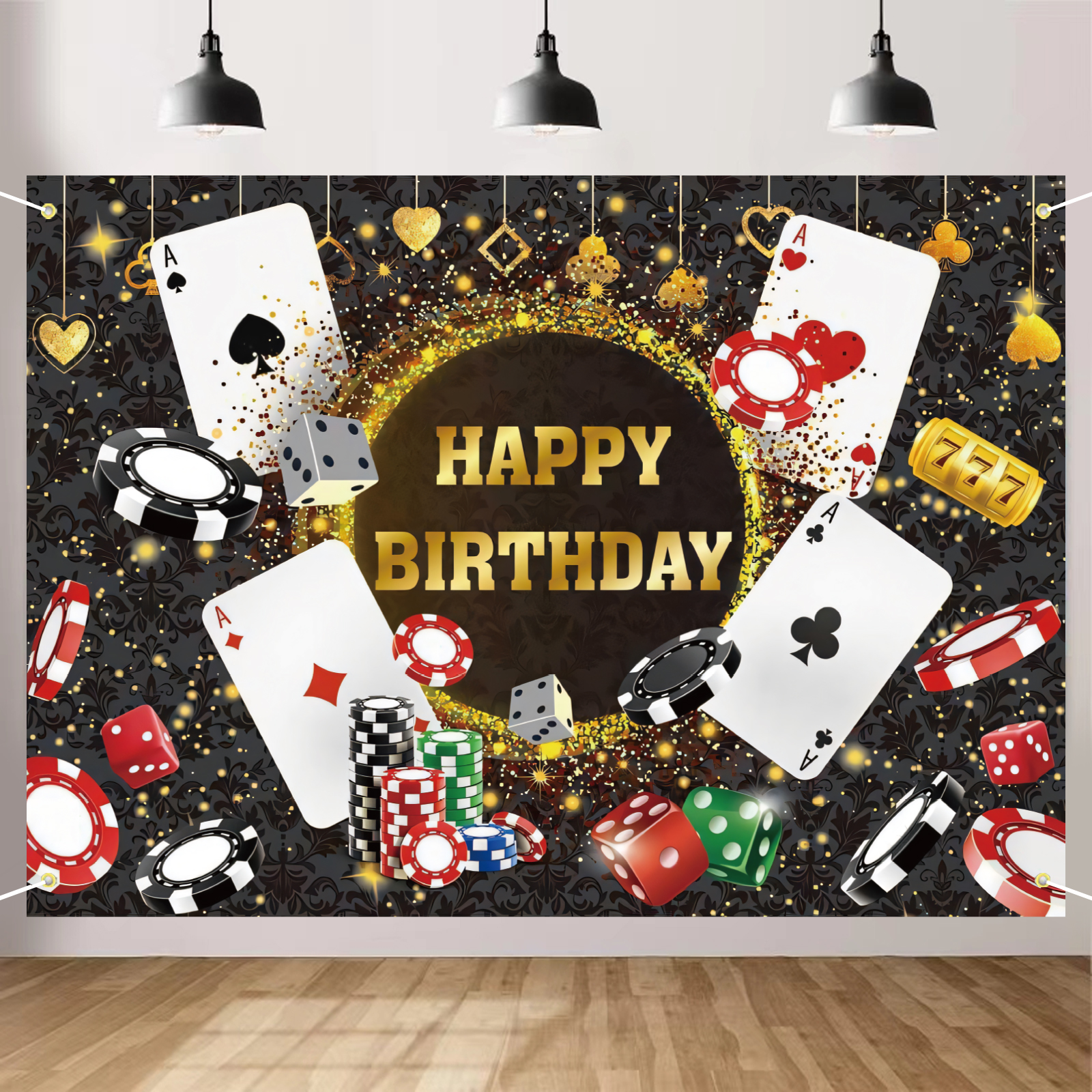 Casino Birthday Backdrop Las Vegas Casino Night Party Tło dla Casino Theme Poker Dice Gold Glitter Happy Birthday Party D