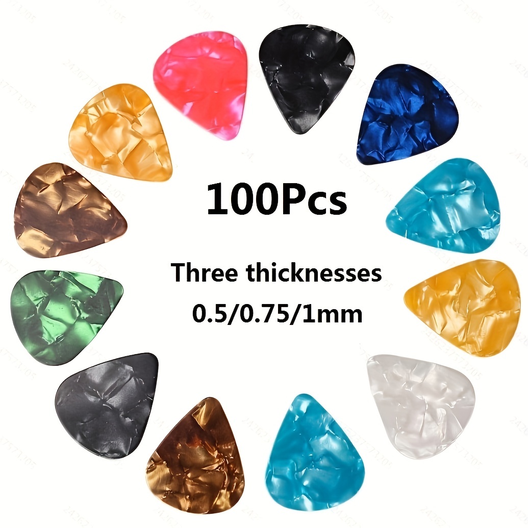 Miwayer Palheta de guitarra 100 peças palhetas de guitarra coloridas misturadas sortidas pacote de amostrador de variedade de pérolas celulóide 0,46 mm 0,71 mm 0,96 mm