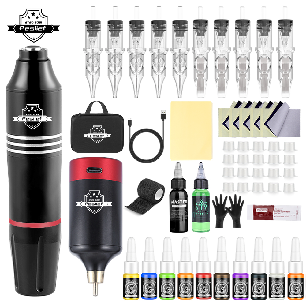 Kit profissional de máquina de tatuagem rotativa sem fio com 10 agulhas de cartucho, conjunto completo para tatuadores e iniciantes