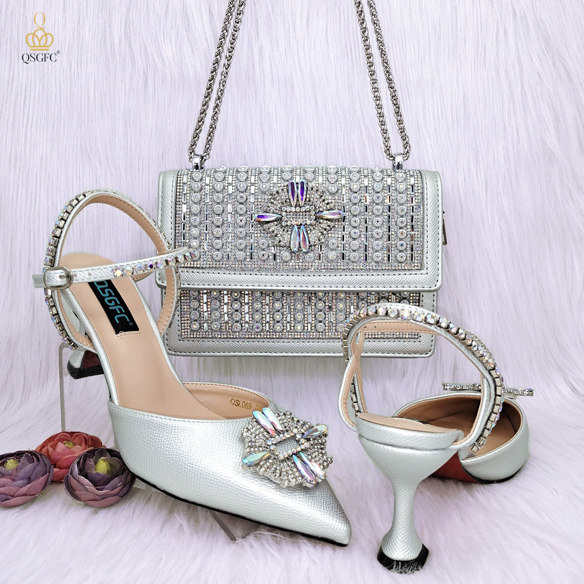 Qsgfc hochwertige Damen Pumps und Tasche Silber Farbe voller Strass hochwertige Materialien für nigerian ische Hochzeits feier