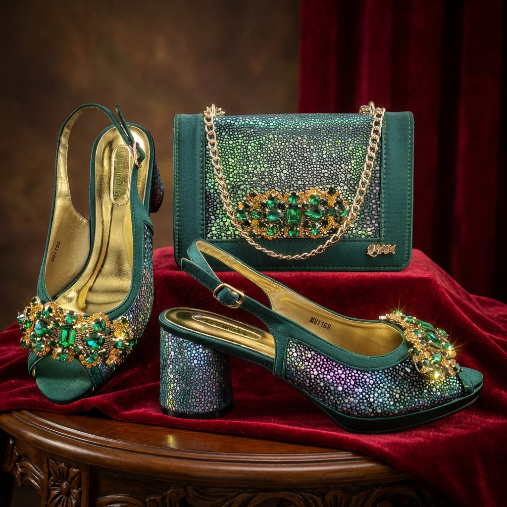 Nuevos Zapatos de Tacón Alto Elegantes Verdes para Mujer 2026 y Conjunto de Bolso, Zapatos de Diseñador Adornados con Pedrería, Perfectos para Ocasiones Especiales