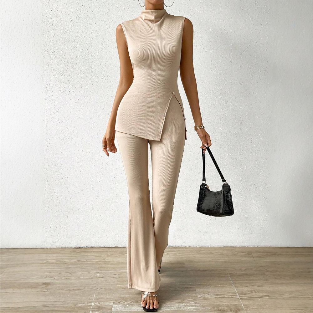 Mia Muse Lente Zomer Mode Voor Vrouwen Opstaande Kraag Mouwloos Effen Kleur Sla Modern Kantoor Dame Tweedelige set