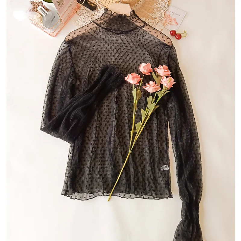 Bella Philosophy-Blusa con perspectiva de malla y cuello alto para mujer, Tops finos transparentes de encaje con parte inferior acampanada y mangas largas