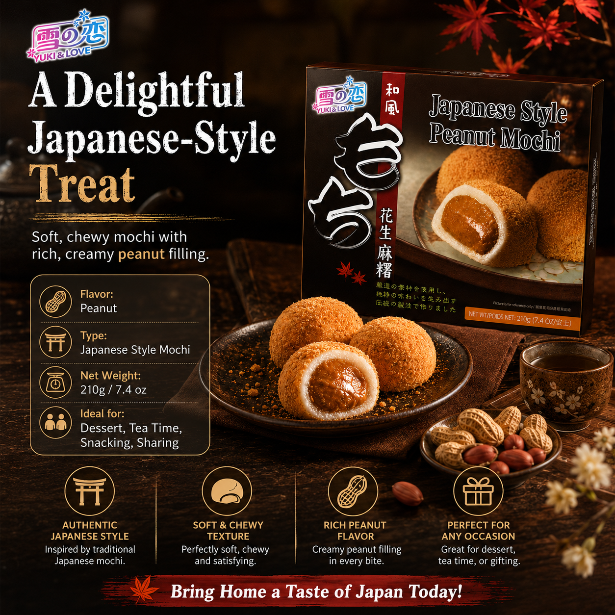 Mochi Daifuku de Cacahuete Suave y Masticable, YUKI & LOVE, Bocadillo Tradicional Japonés de Arroz Glutinoso con Núcleo Cremoso de Cacahuete, Práctico Paquete Familiar de 210g