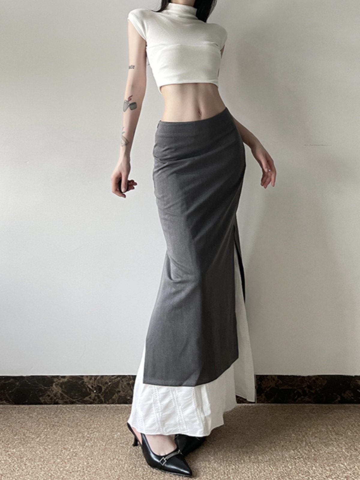 Falda de sirena ceñida empalmada gris Retro para mujer, diseño con abertura lateral, falda Midi elegante ajustada de cintura alta, Otoño Invierno