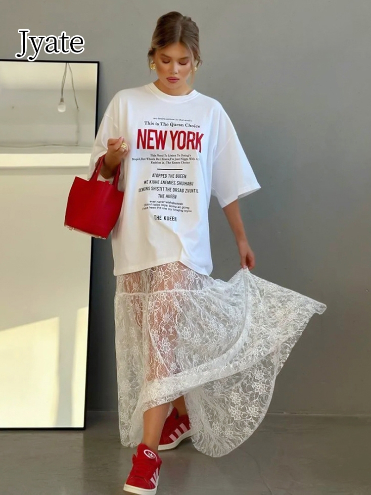 Jyate ジャカード透明ロングレーススカート女性 2024 夏の新ハイウエストセクシーなカジュアルマキシスカートストリートファッション白ペチコート