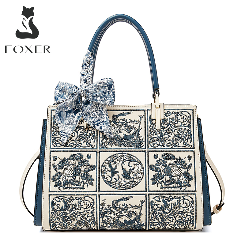 Bolsa Tote Grande FOXER de Couro Rachado 2026 Nova, Bolsa de Ombro Feminina com Bordado Clássico Chinês, Melhor Presente para Mãe