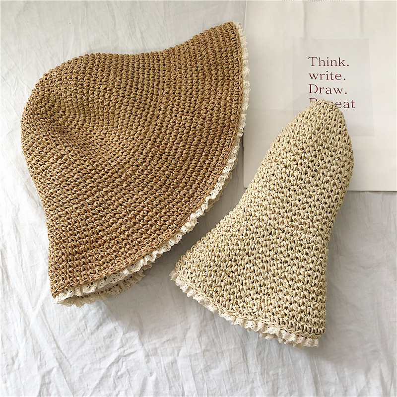 Spring and Summer Japanese Foldable Hand-woven Straw Hat Ladies Vacation Beach Fisherman HatBig Brim Shade Small Fresh BucketHat