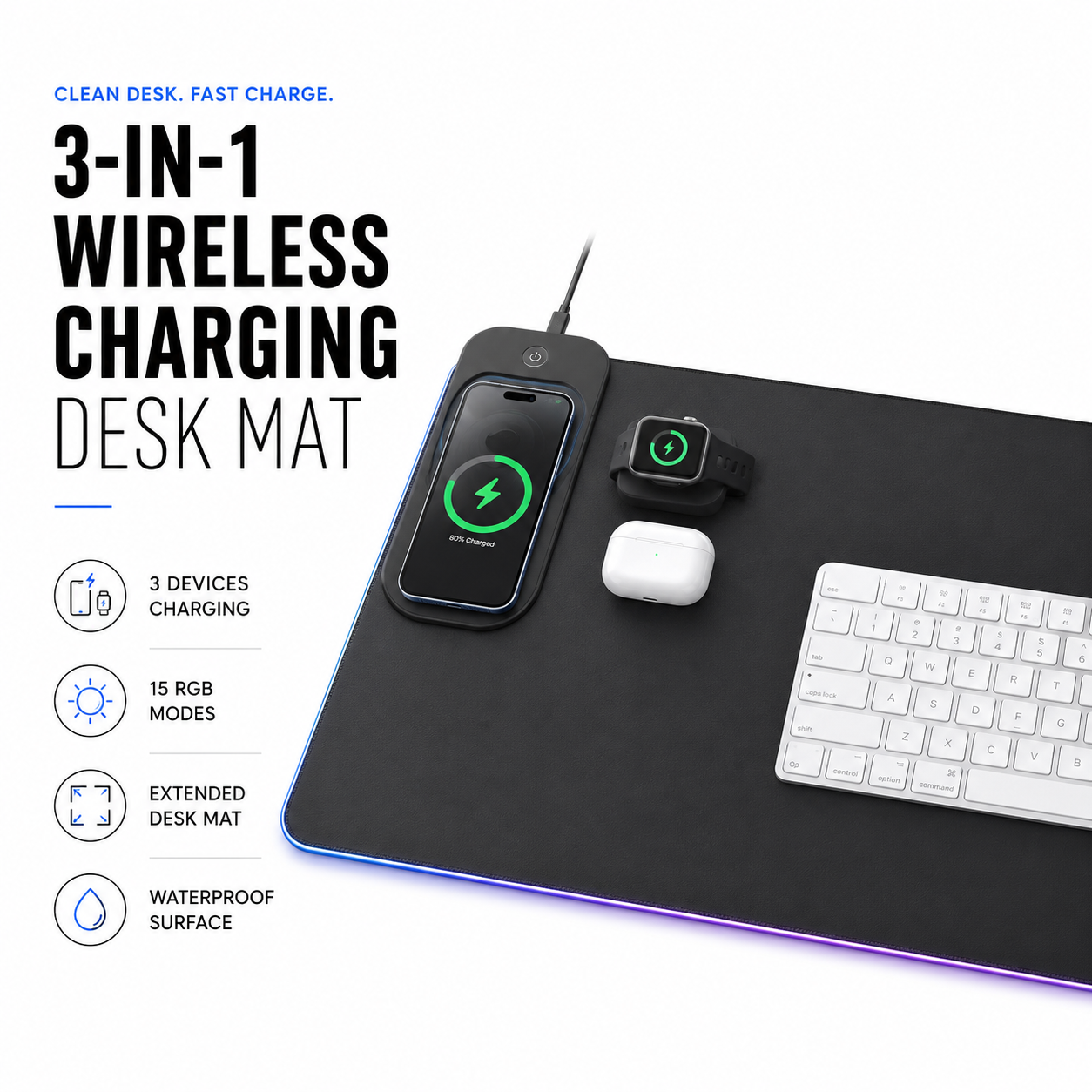 Tapete de Mesa 3 em 1 com Carregamento Sem Fio, Mouse Pad Gamer RGB Grande, Impermeável e Ultra Suave com Suporte para Celular para Escritório