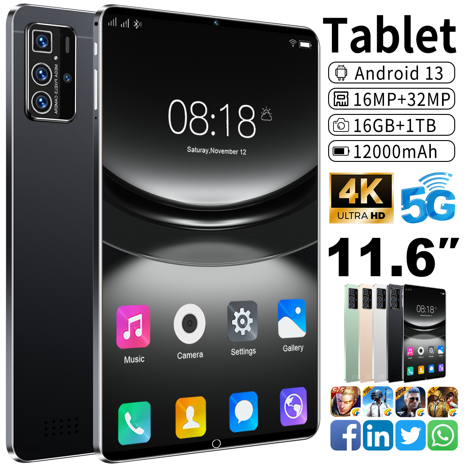 Version mondiale tablette originale 11.6 pouces HD 4K Android 13 16GB + 1T 12000mAh 5G double SIM Bluetooth WiFi GPS tablette