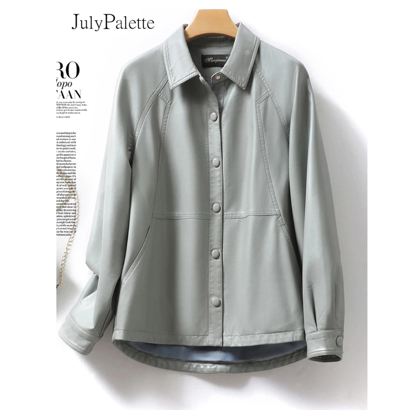 Julypalette-女性用シープスキンスプリットレザージャケット、カバーボタン付きアウター、ラペル、女性用コート、秋冬、M-5XL、2022