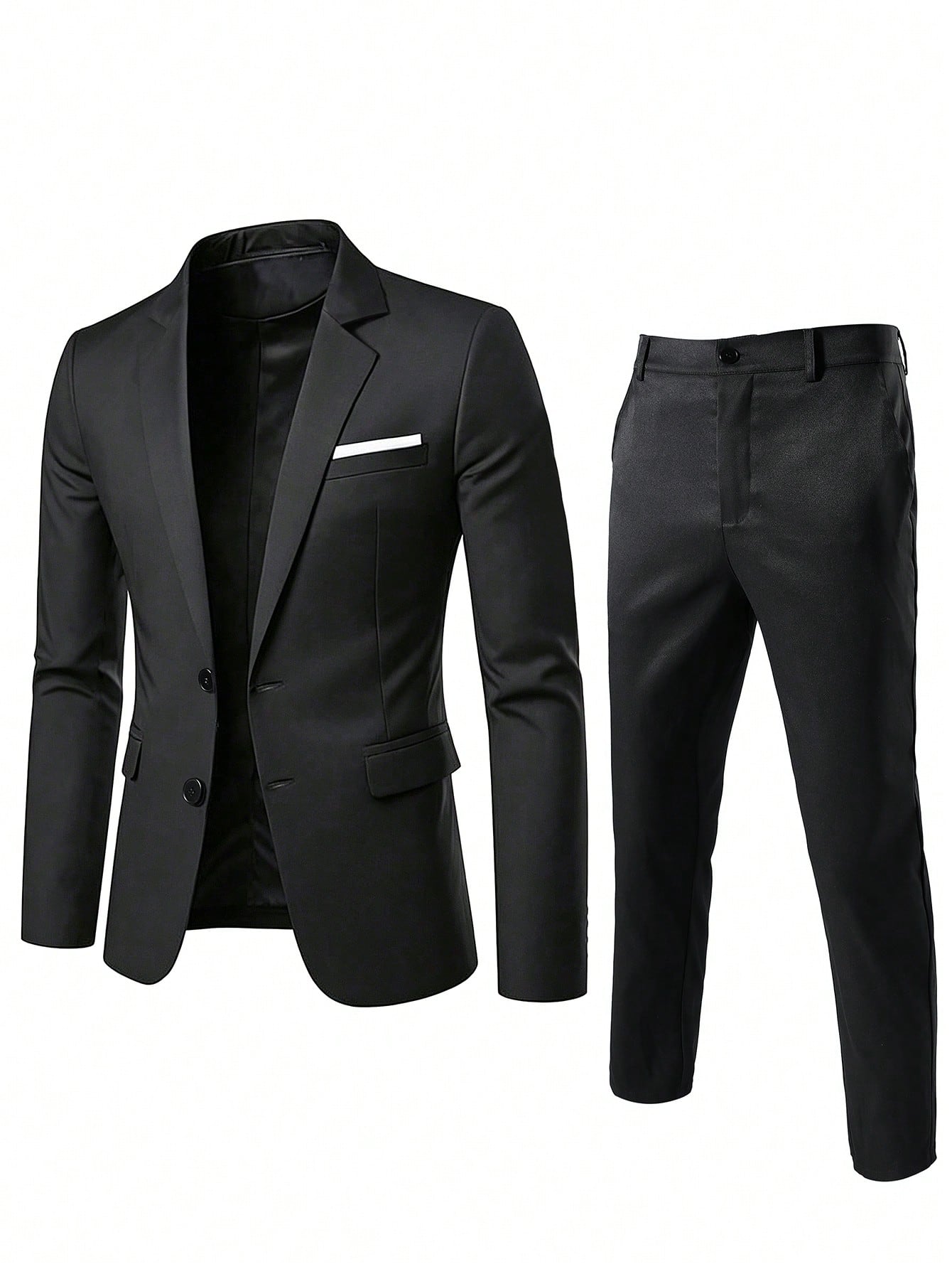 Men's Black Slim Fit 2 Pieces Suit, Single-Breasted Contrast Pocket Blazer Jacket + Trousers, Suitable For Business, Wedding, Everyday Wear