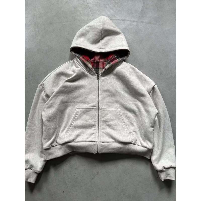 Sudadera con capucha con cremallera a cuadros personalizada y2k de doble cara para Calle Otoño e Invierno